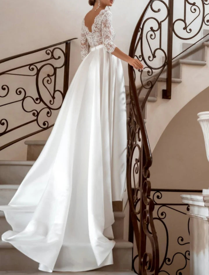 Wholesale A-Line/Princess V-Neck Floor-Length Lace Wedding Dress